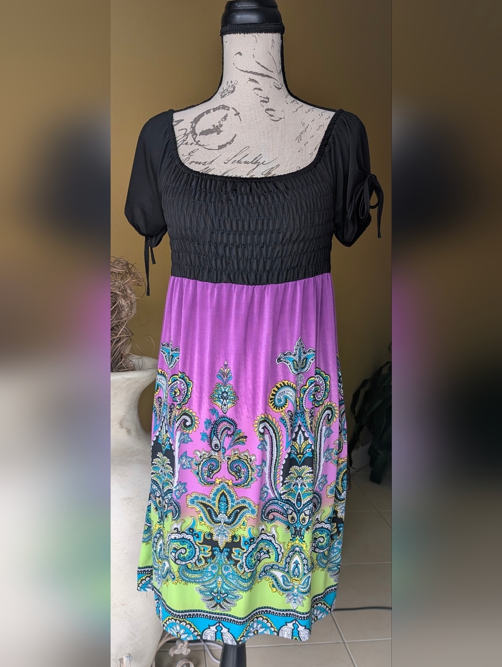 NWT Black & Purple Paisley Empire-Waist Dress Size Large